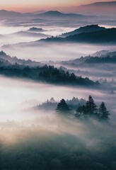 Fototapeta premium Mountain landscape with foggy rolling hills and trees