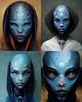 Collection of blue aliens invaders . The concept of an alien from another planet