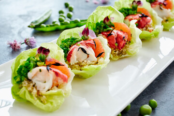 Beautiful appetizer of Lobster salad cups with couscous