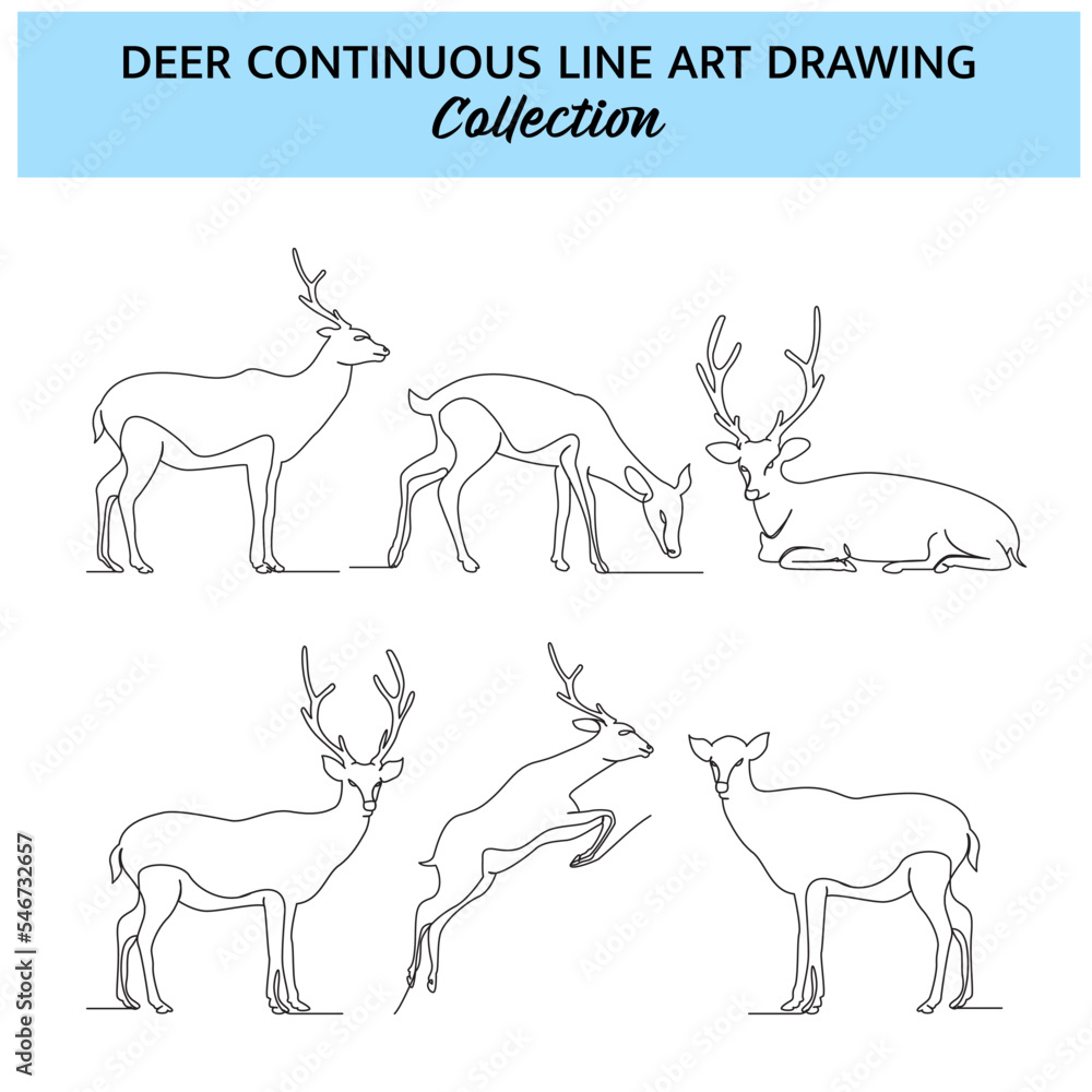 Poster set of deer line design. wildlife decorative elements drawn with one continuous line. vector illustr