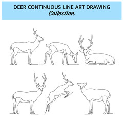 Set of deer line design. Wildlife decorative elements drawn with one continuous line. Vector illustration of minimalist style on white background.