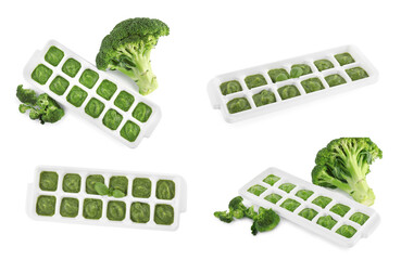 Set with frozen broccolis puree in ice cube trays and ingredients on white background