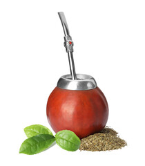 Calabash with mate tea, bombilla and green leaves on white background