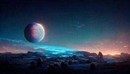 Alien planet with frozen ice rocks under the night sky with glowing and shining moon sphere