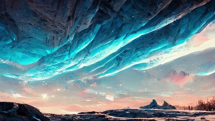 Alien planet with frozen ice cave, jaggedf rocks under the night sky