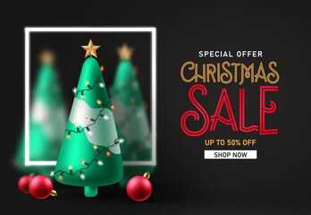 Christmas sale vector banner design. Merry christmas special offer text with xmas tree and balls elements in black background. Vector Illustration.