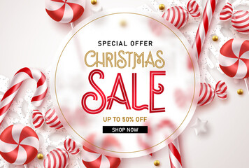 Christmas sale vector banner design. Merry christmas special offer text in empty space with snow flakes and candy cane for holiday season flyers. Vector Illustration.