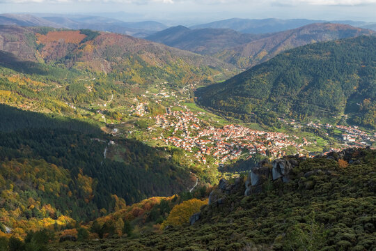 View over the village of Manteigas and the Z&ecirc;zere river valley in Serra da Estrela, Portugal, in autumn.