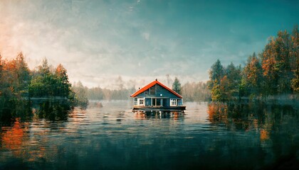 Solitary house floating on the lake surrounded by lush forest in autumn, 3d illustration