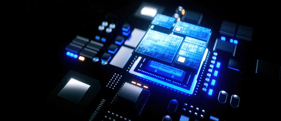3D rendering of cyberpunk AI. Circuit board. Technology background. Central Computer Processors CPU and GPU concept. Motherboard digital chip. Tech science background.
