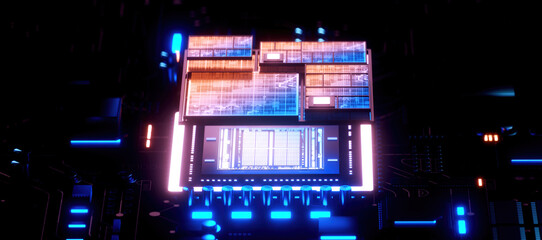Fototapeta premium 3D rendering of cyberpunk AI. Circuit board. Technology background. Central Computer Processors CPU and GPU concept. Motherboard digital chip. Tech science background.