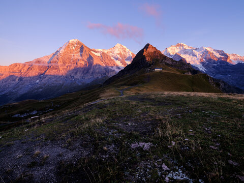 Eiger M&ouml;nch and Jungfrau mountain peaks at sunset