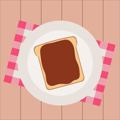 Simple flat sweet  toast with hazelnut butter spread cocoa nutella  on a white plate and red napkin and brown wooden table background
