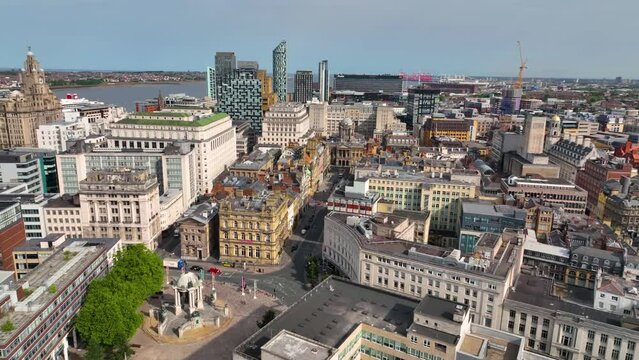 Liverpool Town Hall and historic Castle Street aerial view in city center of Liverpool, Merseyside, UK. Liverpool Maritime Mercantile City is a UNESCO World Heritage Site. 