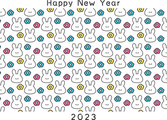 2023年　レトロかわいいウサギのイラスト　卯年年賀状テンプレート素材