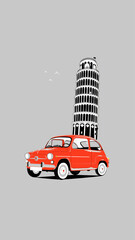 vintage classic red fiat car next to the tower of pisa vector illustration. vintage classic red fiat car vector illustration. classic car. illustration of a classic car - obrazy, fototapety, plakaty