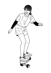 Woman ride skateboard skater street culture Hand drawn vector illustration