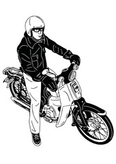Fototapeta na wymiar man driving a motorcycle city people casual lifestyle hand drawn art illustration