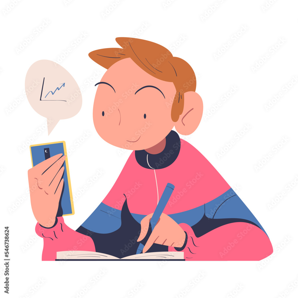 Aufkleber man character with smartphone writing something in notepad learning vector illustration