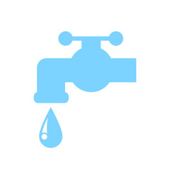 Faucet and blue water droplets, vector illustration on white background.