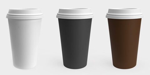 Coffee cup set with 3 different colors. White, gray and brown coffee cup design.