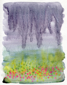 dark rain over blooming field abstract watercolor 