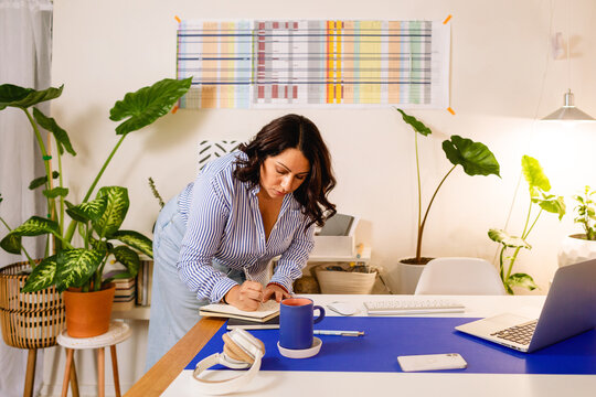  PR woman working at office with big planning graphics