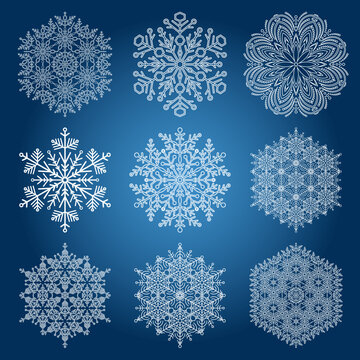 Set of vector snowflakes. Collection of winter odark blue and white rnaments. Snowflakes collection. Snowflakes for backgrounds and designs