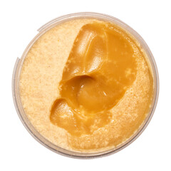 A jar of bee flower honey on a white background.Natural bee honey based on propolis.Honey with propolis top view.
