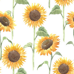 Beautiful vector floral seamless pattern with watercolor hand drawn yellow sunflowers. Stock illustration.