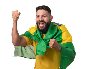 torcedor de futebol brasileiro torcendo feliz vestido com bandeira do brasil