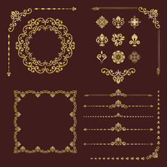 Vintage set of vector brown and golden horizontal, square and round elements. Elements for backgrounds and frames. Classic patterns. Set of vintage patterns