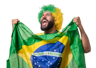 torcedor brasileiro com peruca torcendo feliz com bandeira do brasil