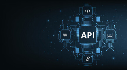 Application Programming Interface (API). Software development tool, information technology, modern technology, internet and networking concept on dark blue background.
