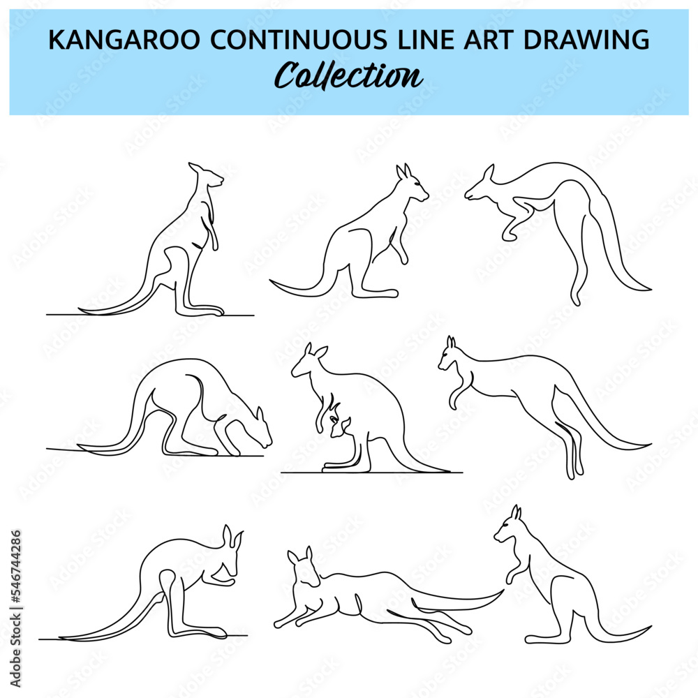 Poster set of kangaroo line design. simple animal silhouette decorative elements drawn with one continuous 