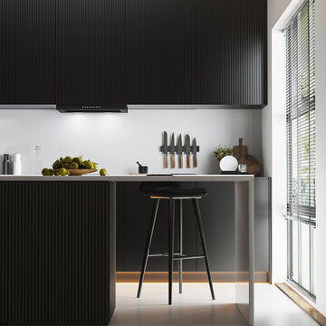 Kitchen interior with cooking tools, kithcen island with stool