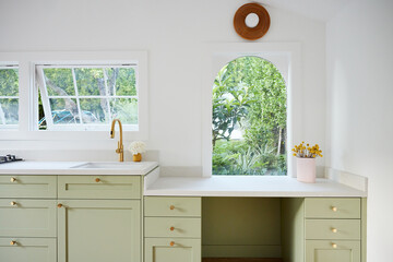 Desk in modern cute cottage kitchen