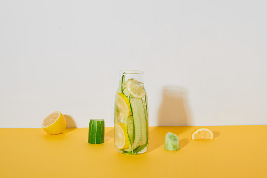 Fresh cool detox water drink with cucumber and lemon.