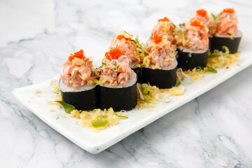 Freshly prepared Japanese sushi rolls