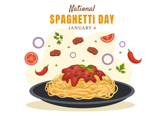 National Spaghetti Day on 4th January with a Plate of Italian Noodles or Pasta Different Dishes in Flat Cartoon Hand Drawn Template Illustration