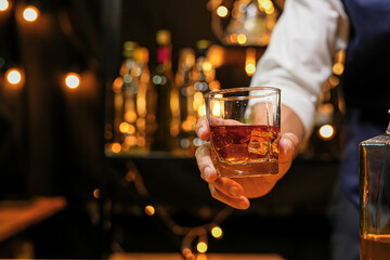 Bartender pouring Whiskey, on  bar,