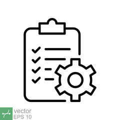 Clipboard with gear icon. Simple outline style. Project plan, document, compliant, task check list, cog, management concept. Thin line vector illustration isolated on white background. EPS 10.