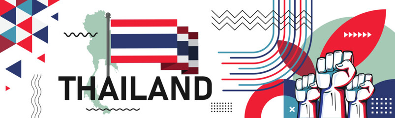 Thailand national day banner with Thai flag and map colors theme background and geometric abstract Asia modern red blue white design. Raised fists, Bangkok Asian supporters. Vector Illustration