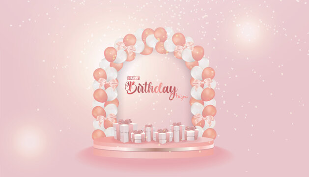 Pink and white birthday card with pink and white balloons, balloon arch, gift box