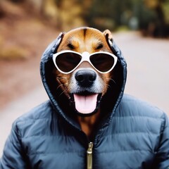 Man with dog head wearing dark hoodie & white rimmed sunglasses over nature background