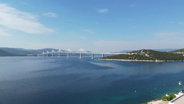 Establishing shot 
Peljesac bridge, &nbsp;suspension bridge Croatia drone aerial view