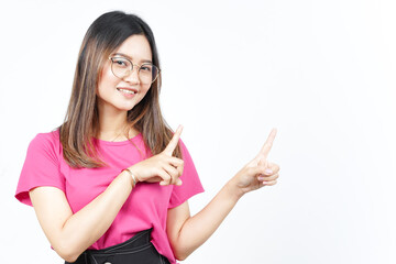 Showing Product and Pointing Side Of Beautiful Asian Woman Isolated On White Background