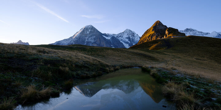 Eiger M&ouml;nch and Jungfrau with small pond