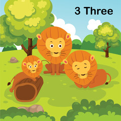 Fototapeta premium Flashcard number three with 3 lion learning for kid illustration vector