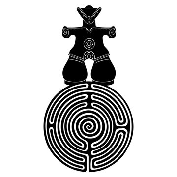 Dogū sculpture from ancient Japan on top of a round spiral maze or labyrinth symbol. Figurine of a prehistoric female deity. Black and white silhouette. Mysterious origin of Japanese culture.